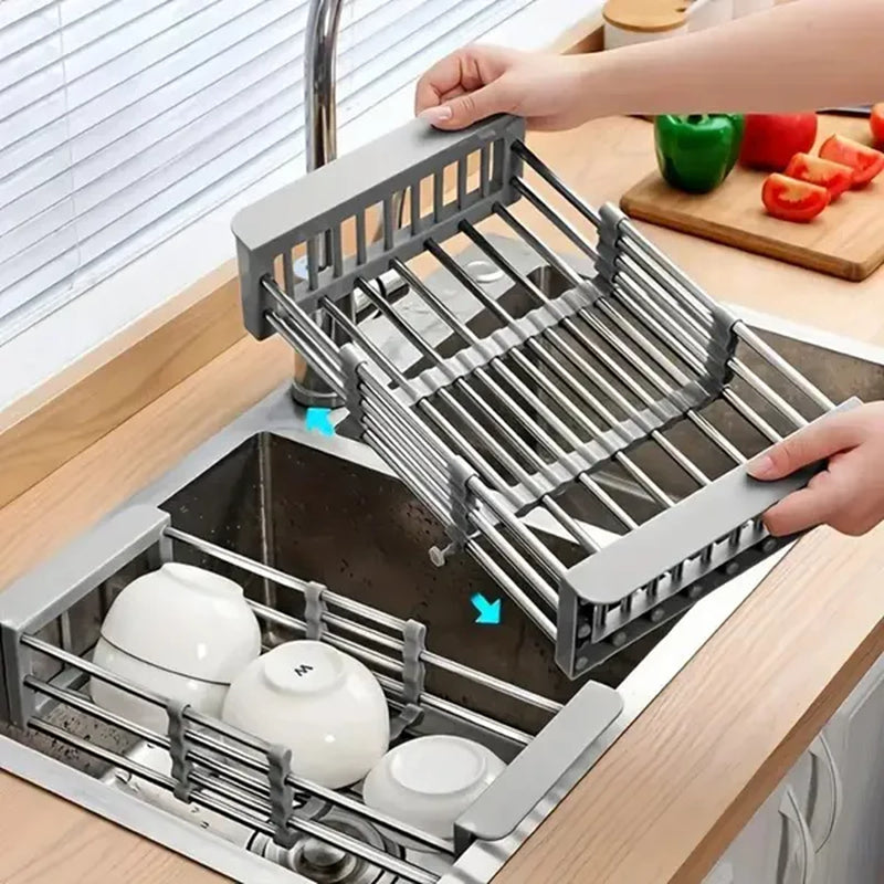 Adjustable Immersion Sink Dish Drying Rack with Stainless Steel Drain Basket - Portable and Retractable Space-Saving Fruit and Vegetable Solution(Ups/Ups Logistics Delivery Supports Self-Pickup)