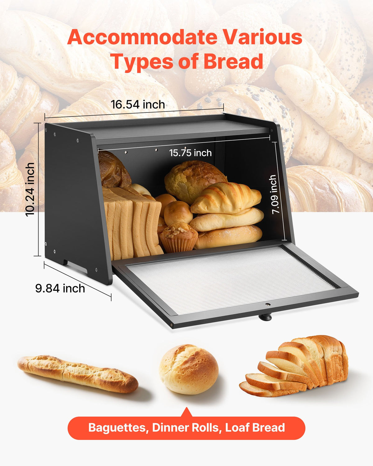 Bread Box for Kitchen Counter Large Capacity Bamboo Storage Container Black