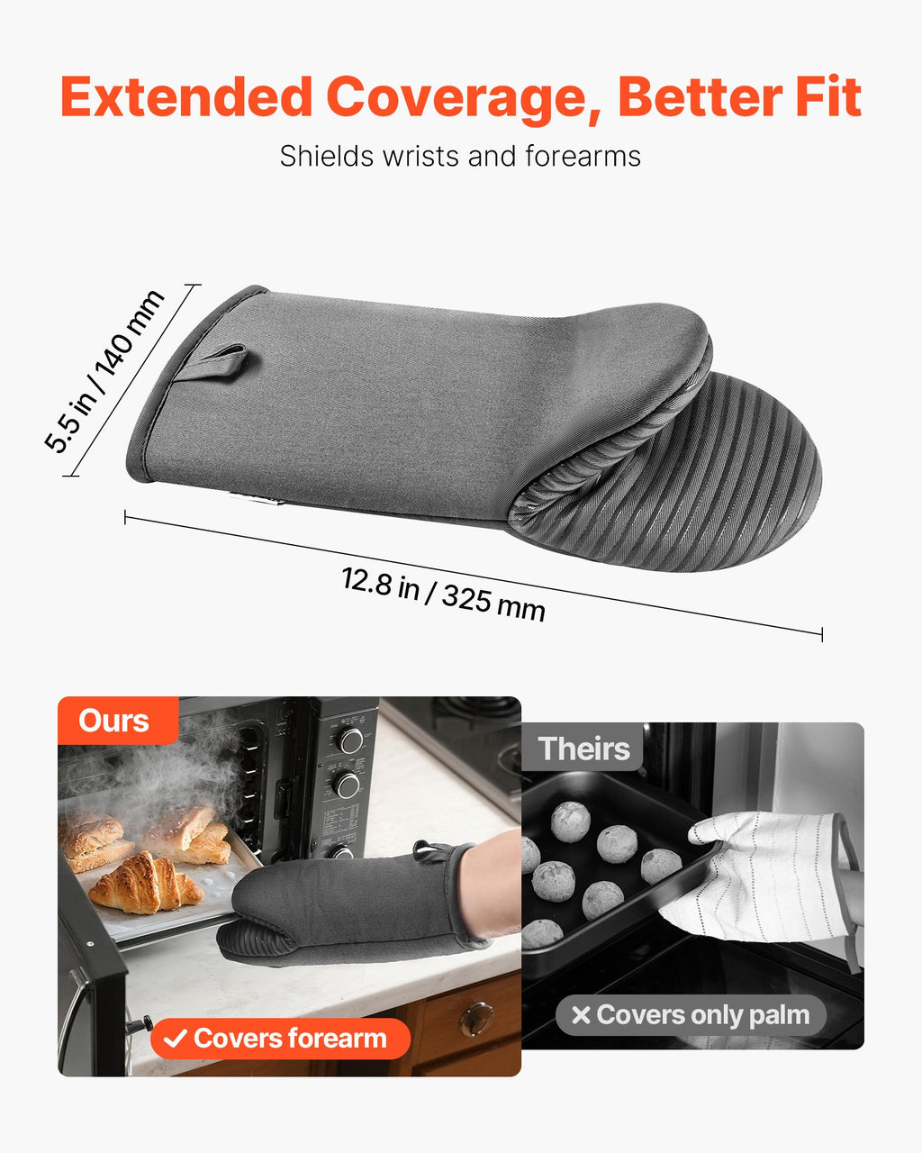 Oven Mitts, Mini Oven Mitt Set with Non-Slip Silicone Strips, High Heat Resistant to 500℉, Lightweight Cotton Baking Mitts 13.07 X 6.1 Inch with 2 No-Marks Hooks for Home, Kitchen, 2 Piece