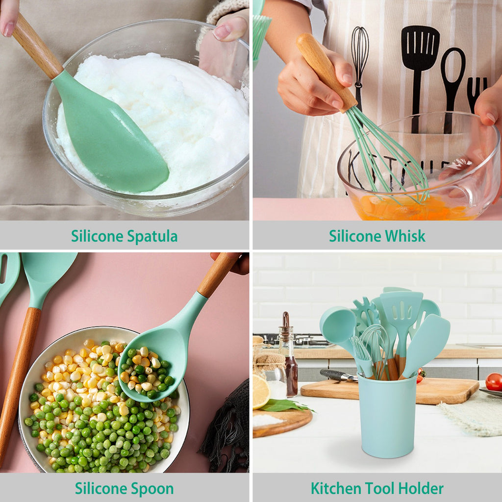 2 Color Options -- Set of 11Pcs Silicone Cooking Utensil Set for Food Preparation Heat Resist Wooden Handle Silicone Spatula Turner Ladle Spaghetti Server Tongs Spoon Egg Kitchenware Set with Holder