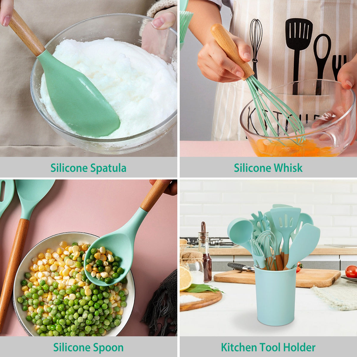 2 Color Options -- Set of 11Pcs Silicone Cooking Utensil Set for Food Preparation Heat Resist Wooden Handle Silicone Spatula Turner Ladle Spaghetti Server Tongs Spoon Egg Kitchenware Set with Holder