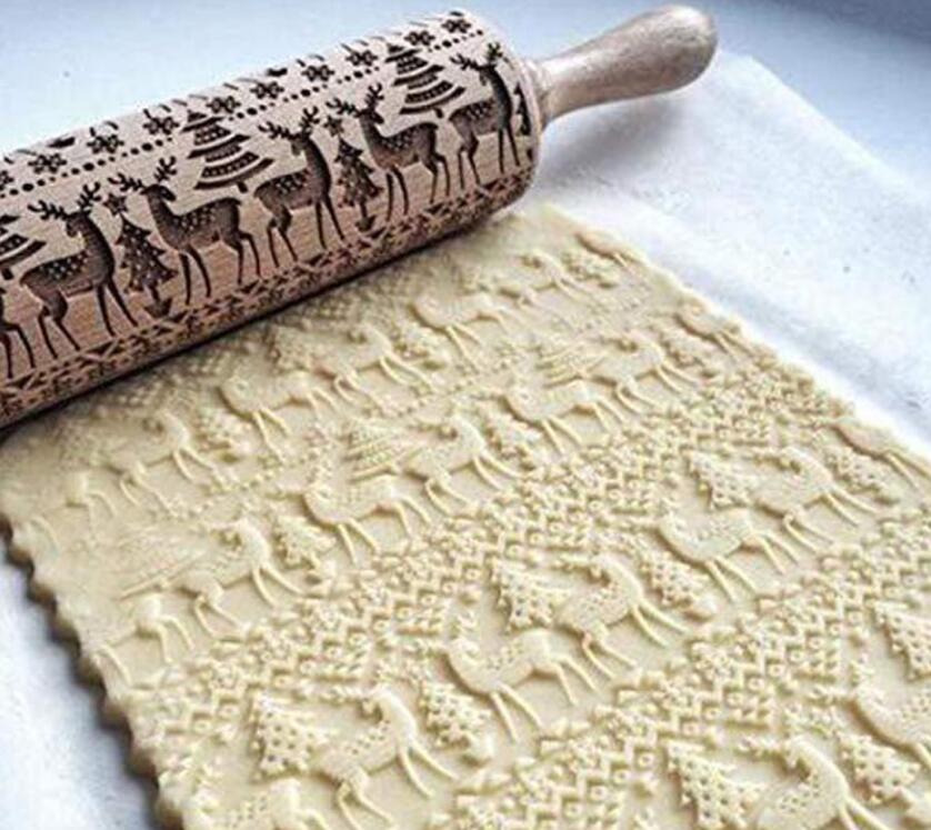 Reindeer embossed wooden rolling pin