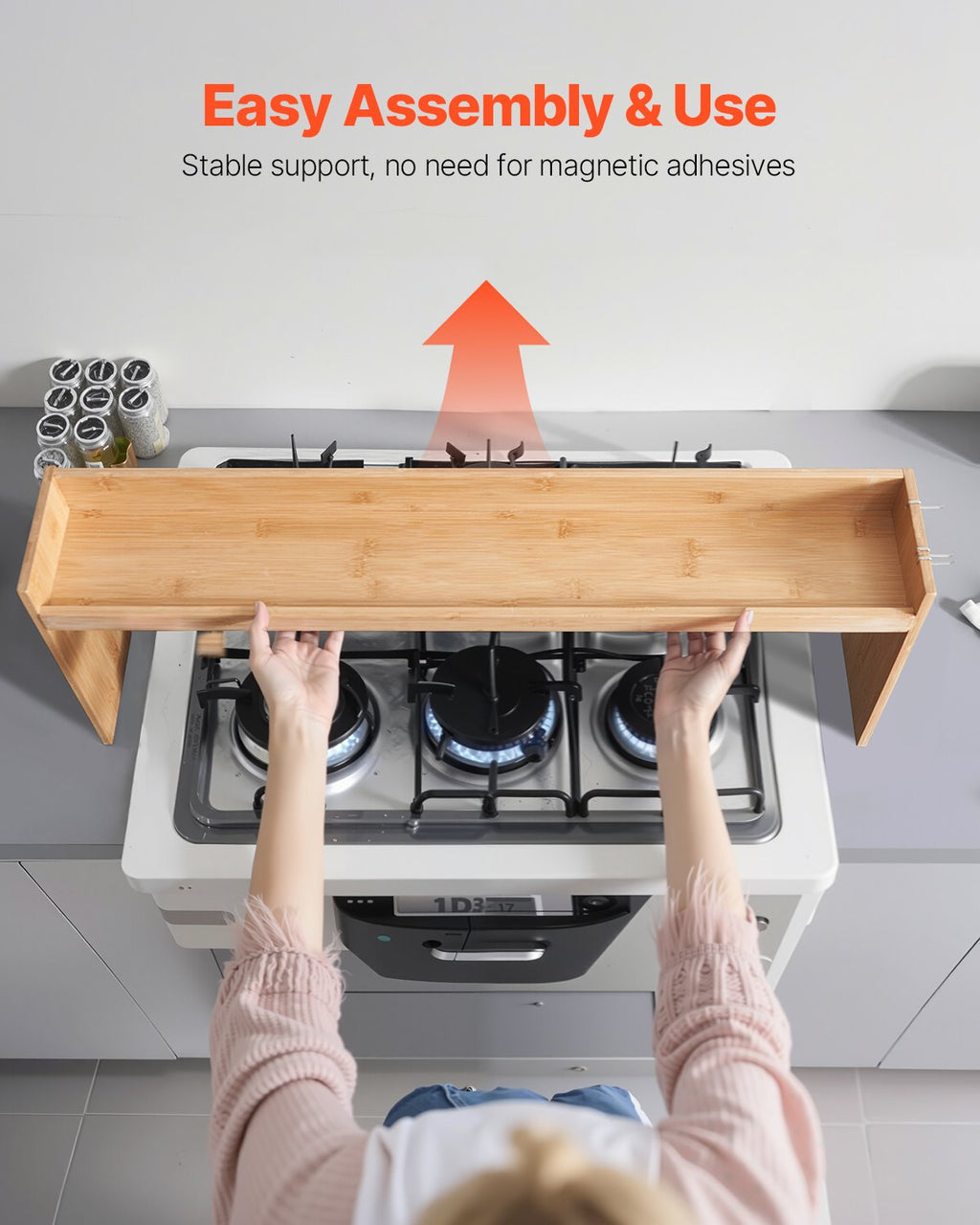 Over the Stove Spice Shelf Spice Rack Kitchen Organizer 32.6X13In Bamboo 6 Hooks