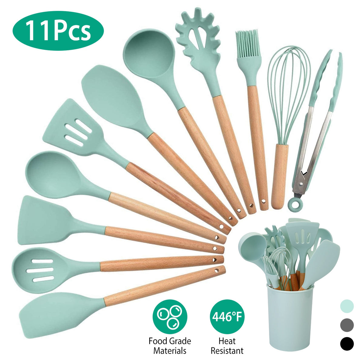 2 Color Options -- Set of 11Pcs Silicone Cooking Utensil Set for Food Preparation Heat Resist Wooden Handle Silicone Spatula Turner Ladle Spaghetti Server Tongs Spoon Egg Kitchenware Set with Holder
