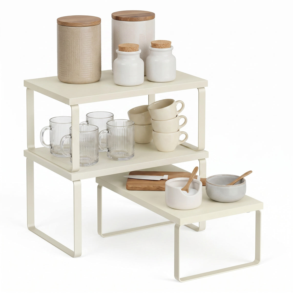 Cabinet Organizer Shelf, Set of 3 Stackable Tiered Spice Rack, Expandable Shelf Riser, White