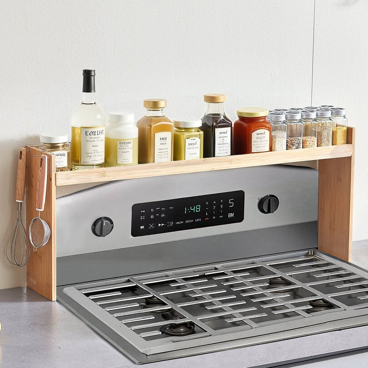 Over the Stove Spice Shelf Spice Rack Kitchen Organizer 32.6X13In Bamboo 6 Hooks