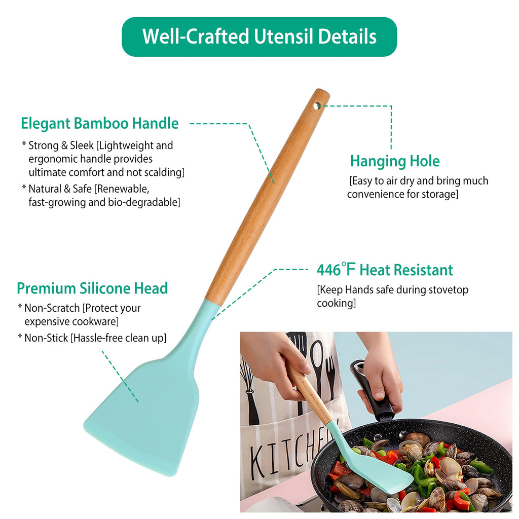 2 Color Options -- Set of 11Pcs Silicone Cooking Utensil Set for Food Preparation Heat Resist Wooden Handle Silicone Spatula Turner Ladle Spaghetti Server Tongs Spoon Egg Kitchenware Set with Holder