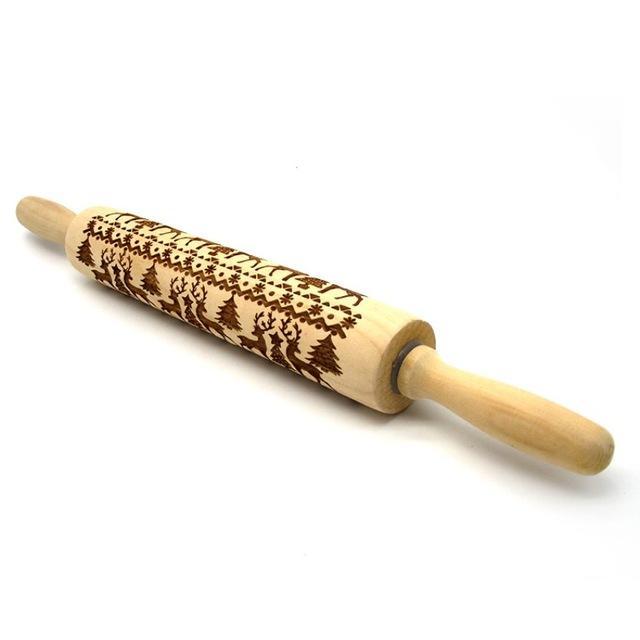 Reindeer embossed wooden rolling pin