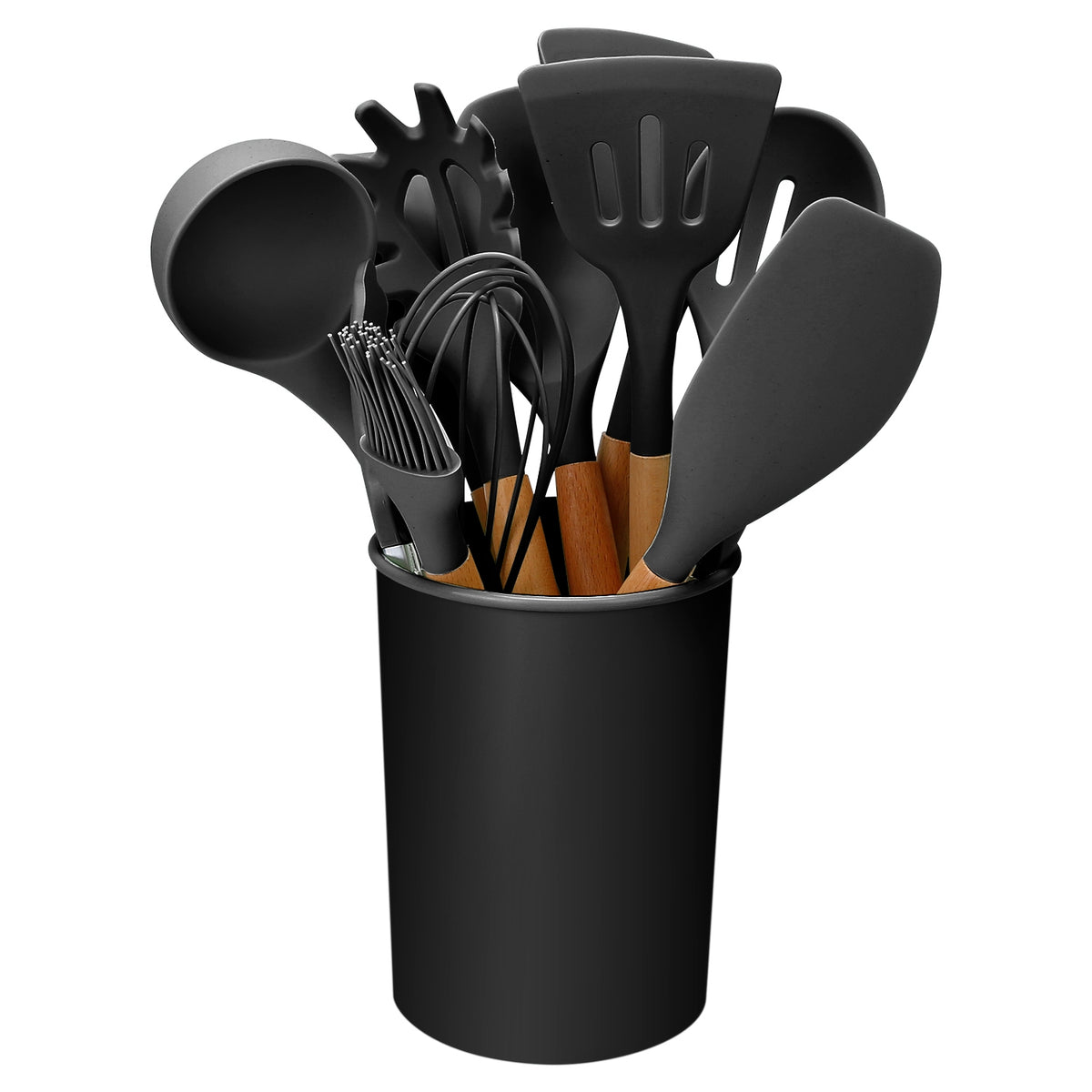 2 Color Options -- Set of 11Pcs Silicone Cooking Utensil Set for Food Preparation Heat Resist Wooden Handle Silicone Spatula Turner Ladle Spaghetti Server Tongs Spoon Egg Kitchenware Set with Holder