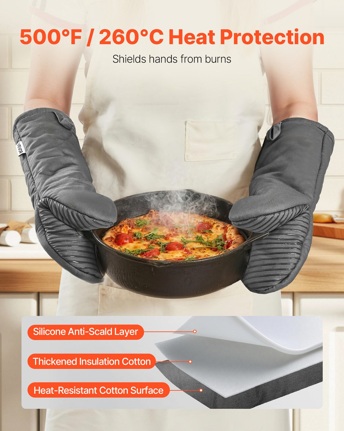 Oven Mitts, Mini Oven Mitt Set with Non-Slip Silicone Strips, High Heat Resistant to 500℉, Lightweight Cotton Baking Mitts 13.07 X 6.1 Inch with 2 No-Marks Hooks for Home, Kitchen, 2 Piece