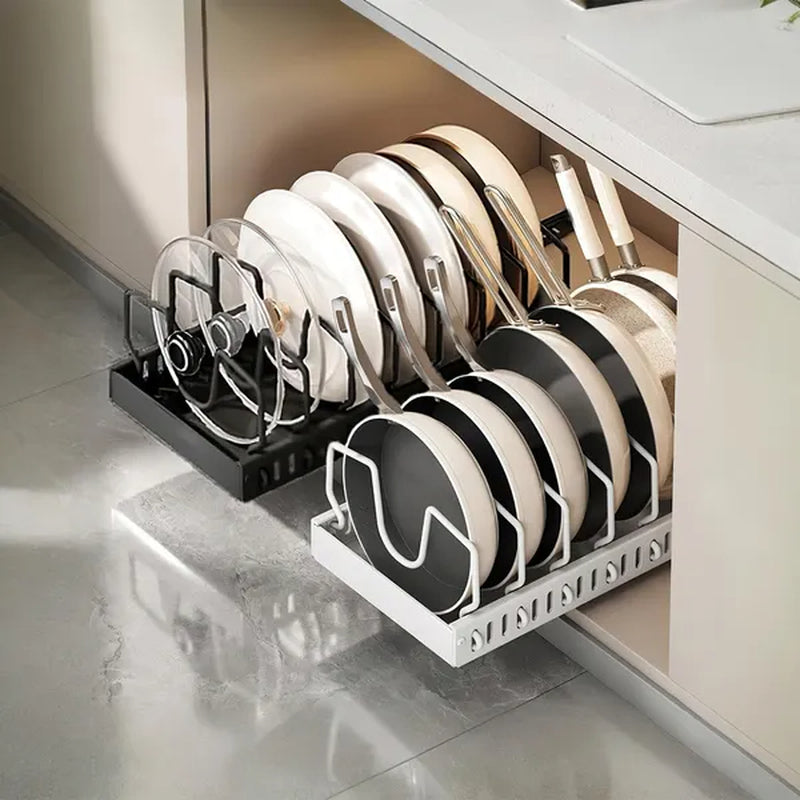 Pull Out Pots and Pans Organizer under Cabinet with 8 Adjustable Dividers Rustproof Carbon Steel Sliding Pots Holder for Kitchen Cookware Bakeware Pots Lids Storage