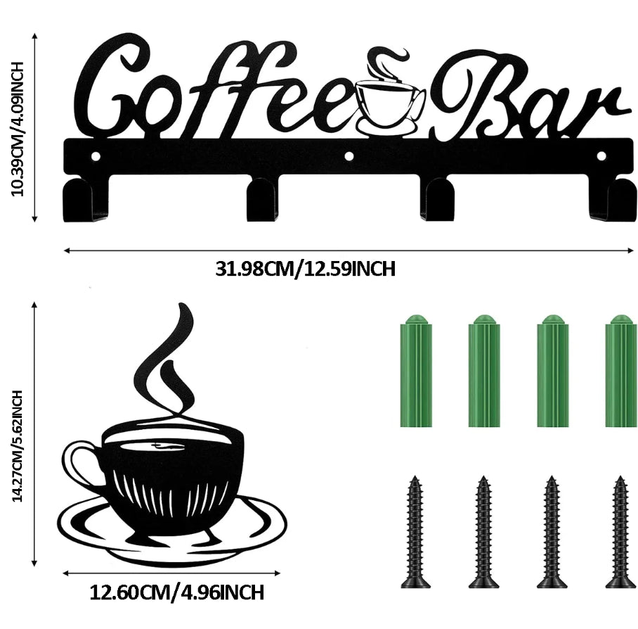 Coffee Cup Rack with Hooks - Wall-Mounted Metal Organizer for Kitchen Decor