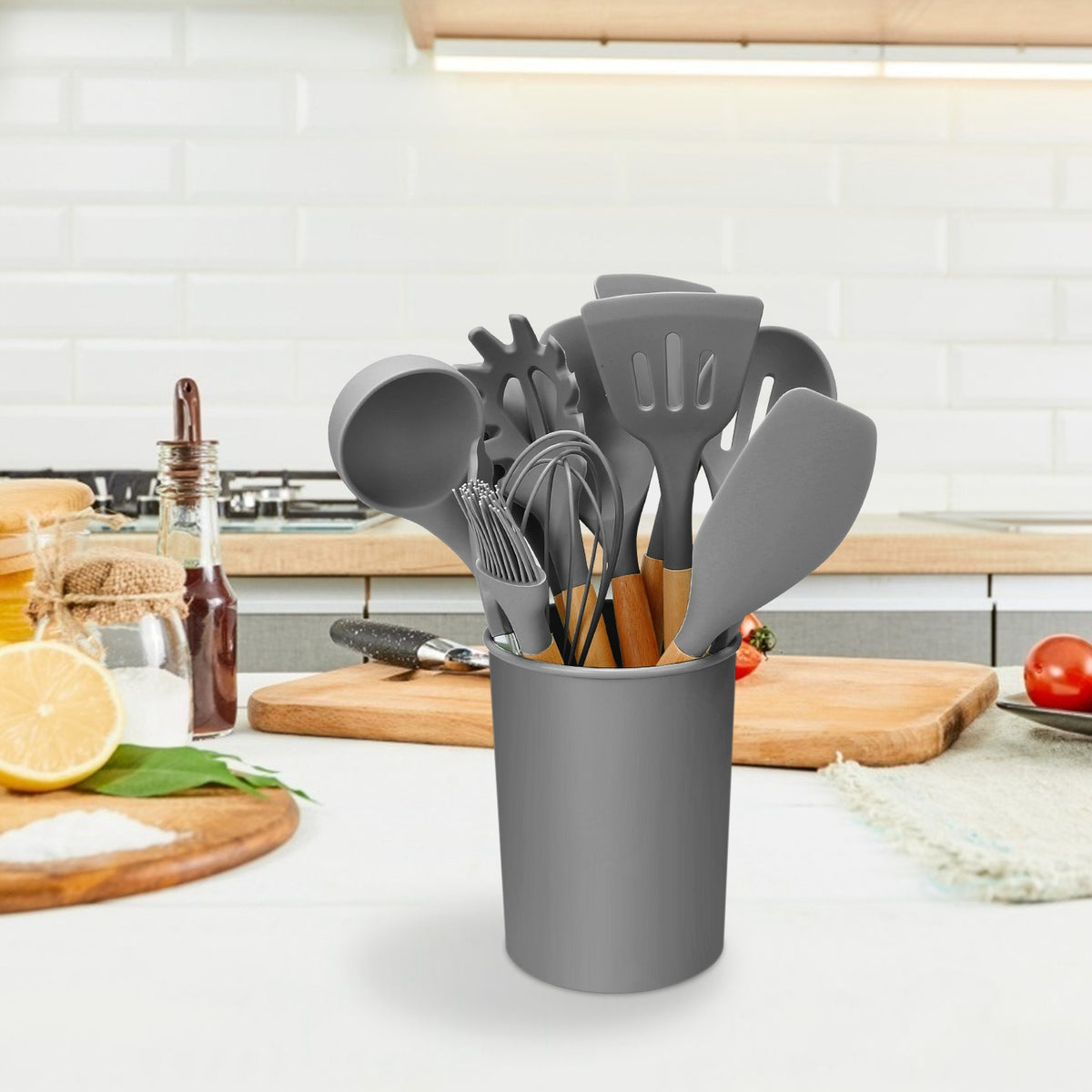 2 Color Options -- Set of 11Pcs Silicone Cooking Utensil Set for Food Preparation Heat Resist Wooden Handle Silicone Spatula Turner Ladle Spaghetti Server Tongs Spoon Egg Kitchenware Set with Holder