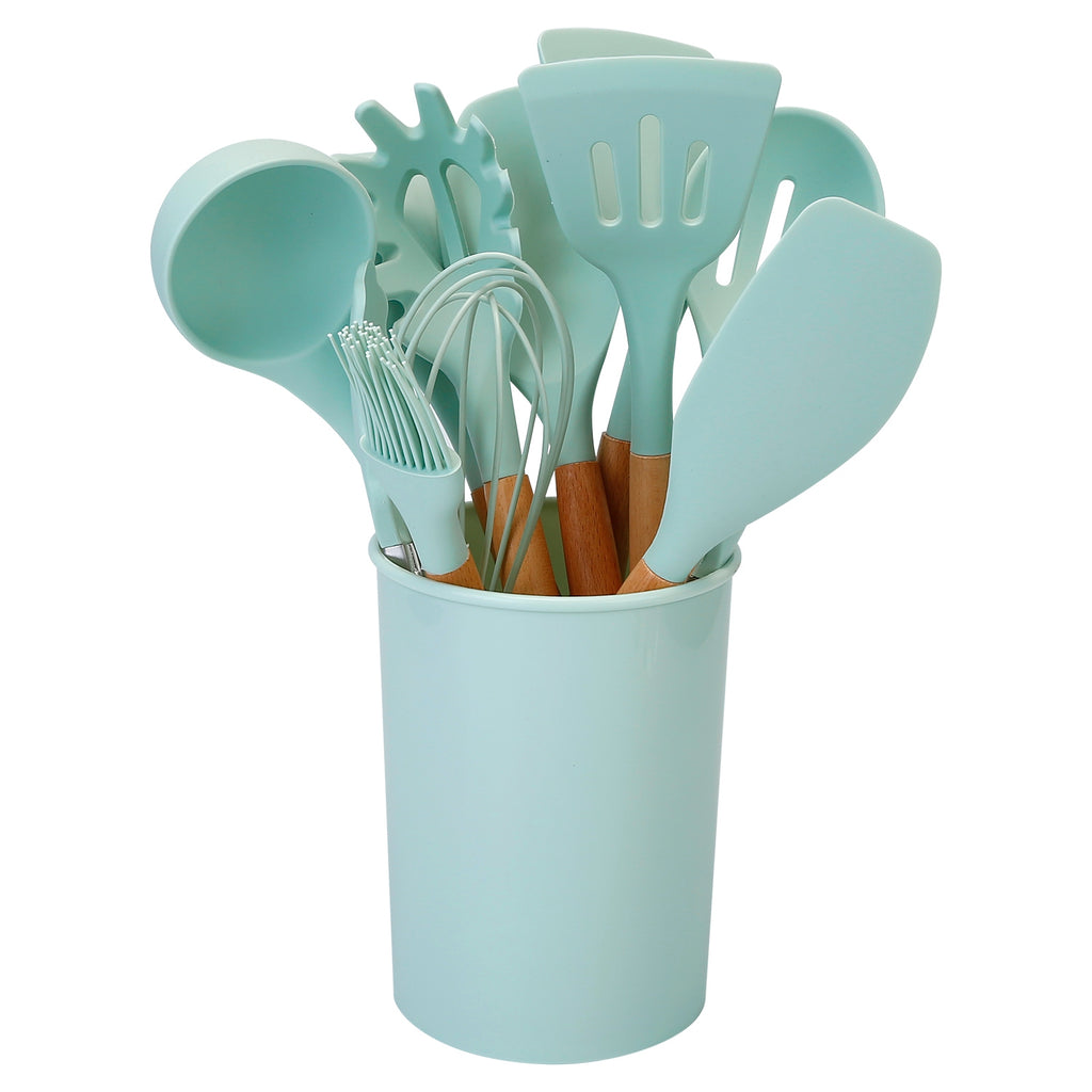 2 Color Options -- Set of 11Pcs Silicone Cooking Utensil Set for Food Preparation Heat Resist Wooden Handle Silicone Spatula Turner Ladle Spaghetti Server Tongs Spoon Egg Kitchenware Set with Holder