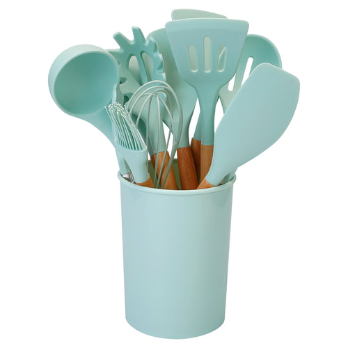 2 Color Options -- Set of 11Pcs Silicone Cooking Utensil Set for Food Preparation Heat Resist Wooden Handle Silicone Spatula Turner Ladle Spaghetti Server Tongs Spoon Egg Kitchenware Set with Holder