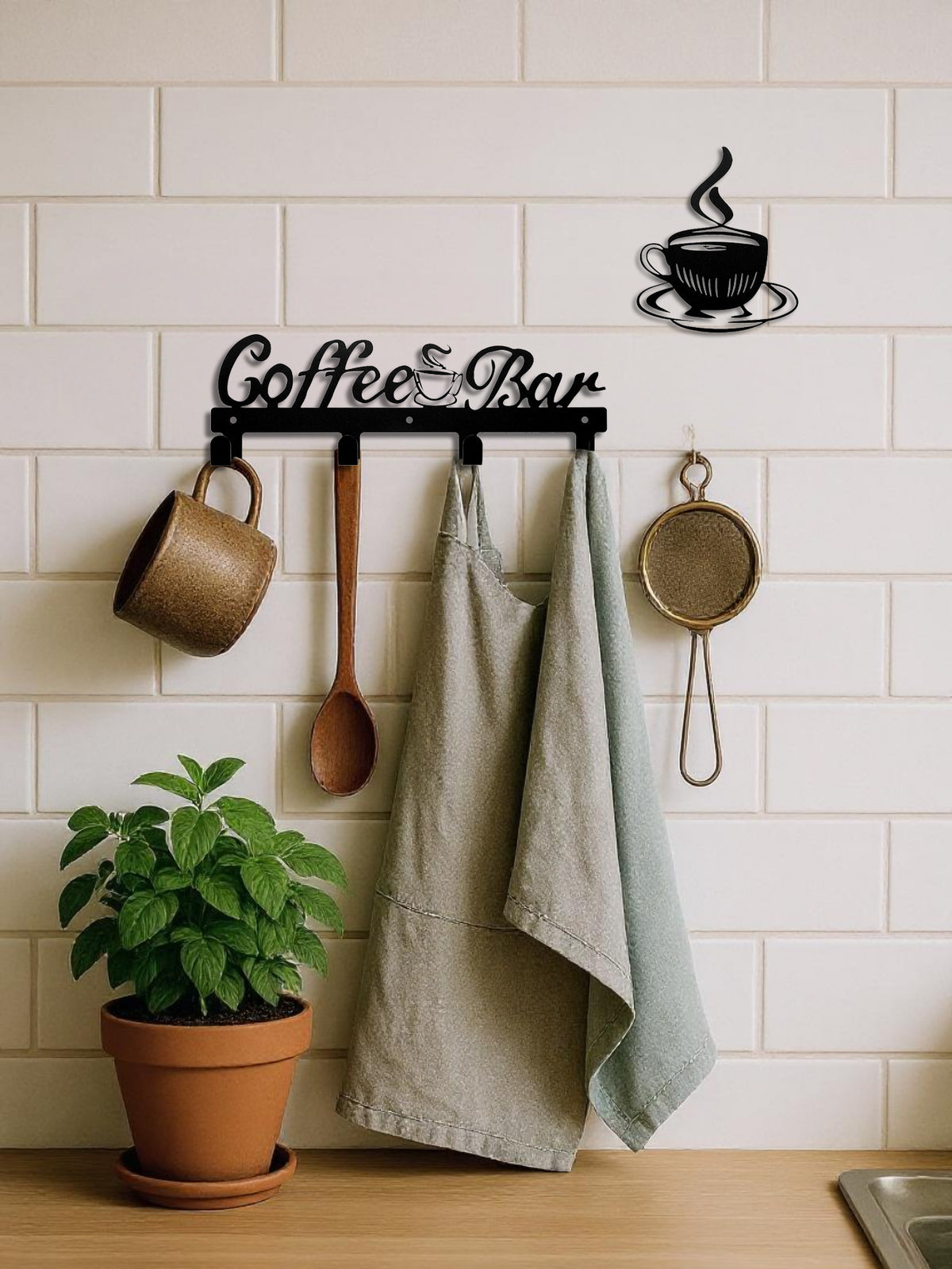 Coffee Cup Rack with Hooks - Wall-Mounted Metal Organizer for Kitchen Decor