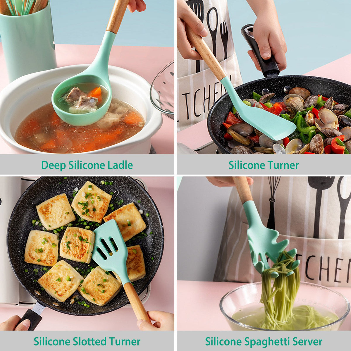 2 Color Options -- Set of 11Pcs Silicone Cooking Utensil Set for Food Preparation Heat Resist Wooden Handle Silicone Spatula Turner Ladle Spaghetti Server Tongs Spoon Egg Kitchenware Set with Holder