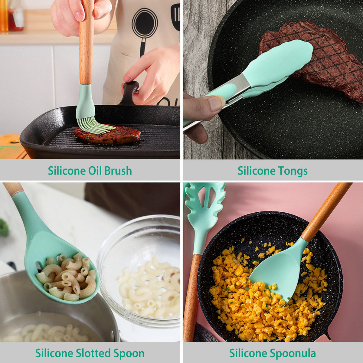 2 Color Options -- Set of 11Pcs Silicone Cooking Utensil Set for Food Preparation Heat Resist Wooden Handle Silicone Spatula Turner Ladle Spaghetti Server Tongs Spoon Egg Kitchenware Set with Holder