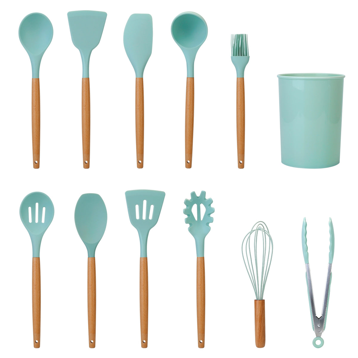 2 Color Options -- Set of 11Pcs Silicone Cooking Utensil Set for Food Preparation Heat Resist Wooden Handle Silicone Spatula Turner Ladle Spaghetti Server Tongs Spoon Egg Kitchenware Set with Holder