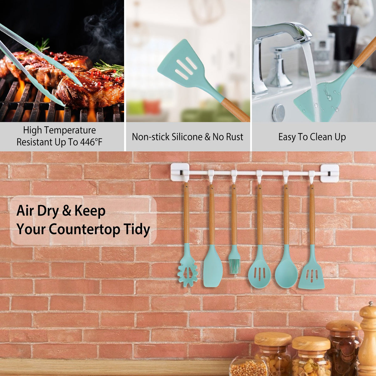 2 Color Options -- Set of 11Pcs Silicone Cooking Utensil Set for Food Preparation Heat Resist Wooden Handle Silicone Spatula Turner Ladle Spaghetti Server Tongs Spoon Egg Kitchenware Set with Holder