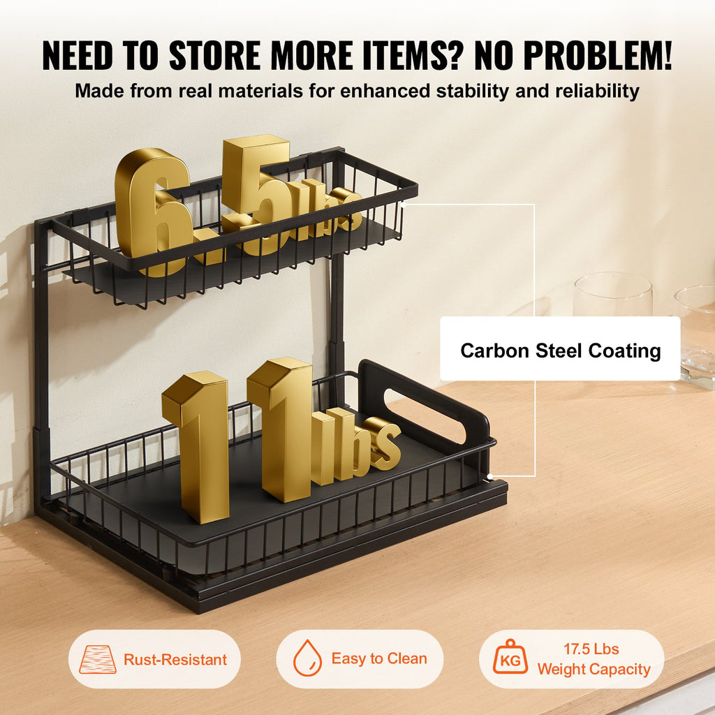2-Tier 10.7"W X 14.2"D Pull Out Cabinet under Sink Organizer 10.7"X14.2" Drawer Basket, 12.5"Wx15.5"Dx13"H Install Size for Cabinet