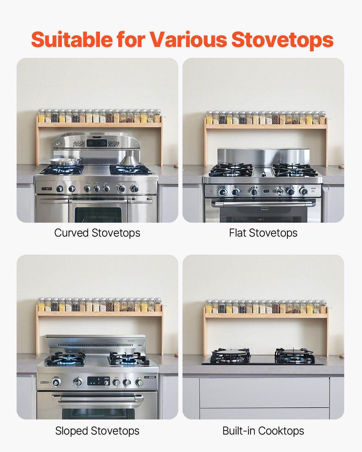 Over the Stove Spice Shelf Spice Rack Kitchen Organizer 32.6X13In Bamboo 6 Hooks