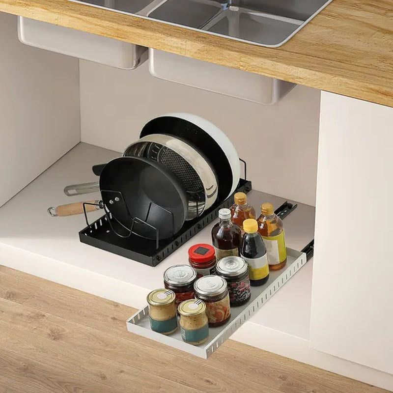 Pull Out Pots and Pans Organizer under Cabinet with 8 Adjustable Dividers Rustproof Carbon Steel Sliding Pots Holder for Kitchen Cookware Bakeware Pots Lids Storage