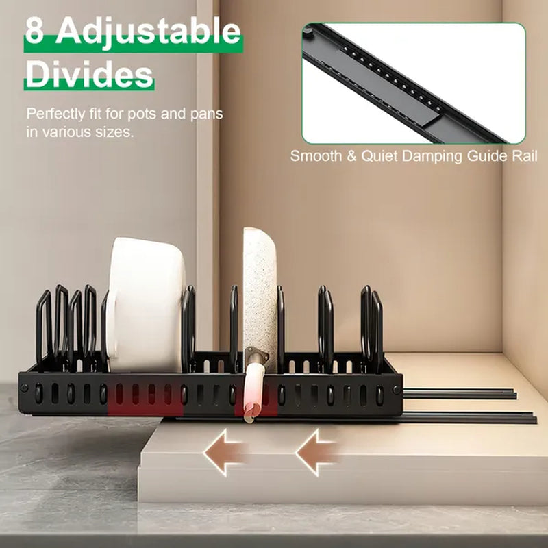 Pull Out Pots and Pans Organizer under Cabinet with 8 Adjustable Dividers Rustproof Carbon Steel Sliding Pots Holder for Kitchen Cookware Bakeware Pots Lids Storage