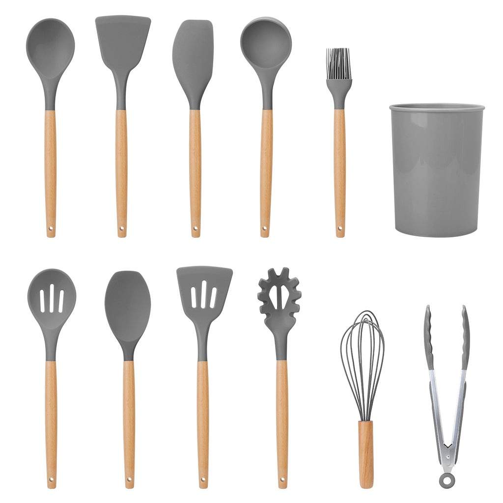 2 Color Options -- Set of 11Pcs Silicone Cooking Utensil Set for Food Preparation Heat Resist Wooden Handle Silicone Spatula Turner Ladle Spaghetti Server Tongs Spoon Egg Kitchenware Set with Holder