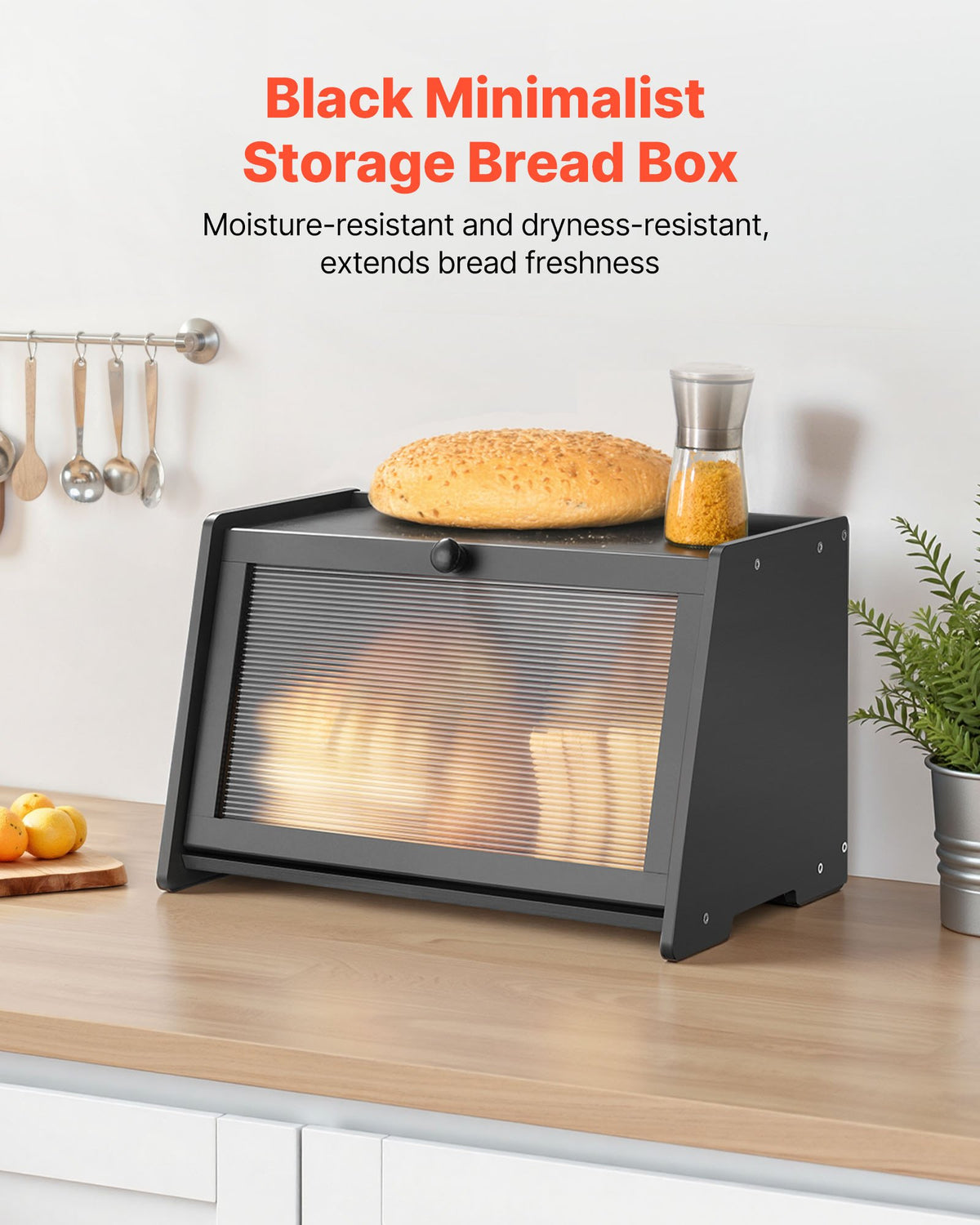 Bread Box for Kitchen Counter Large Capacity Bamboo Storage Container Black