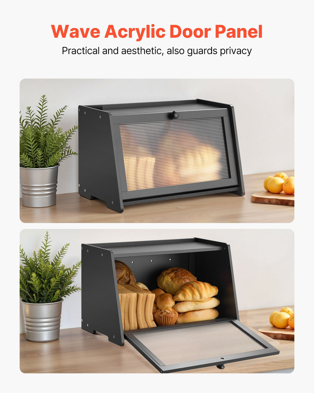 Bread Box for Kitchen Counter Large Capacity Bamboo Storage Container Black