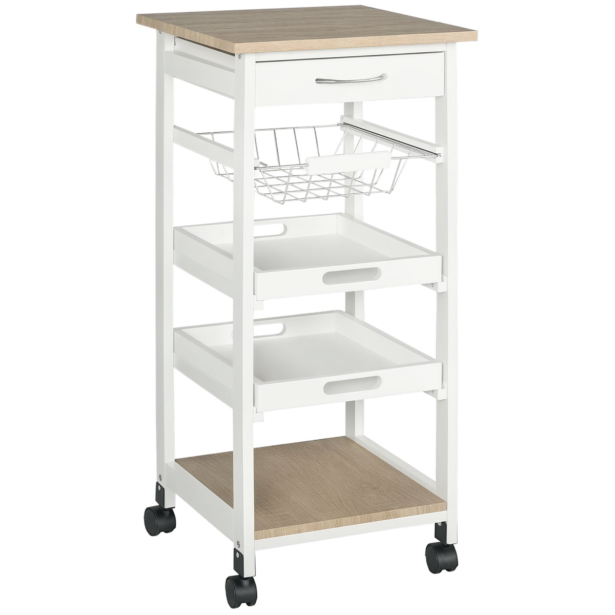 Mobile Kitchen Cart, Rolling Kitchen Island with Storage, Solid Wood Frame Utility Cart with Wire Fruit Baskets, Trays and Drawer, White