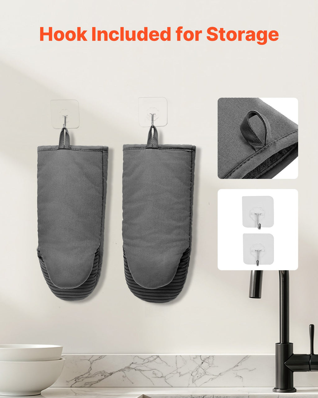 Oven Mitts, Mini Oven Mitt Set with Non-Slip Silicone Strips, High Heat Resistant to 500℉, Lightweight Cotton Baking Mitts 13.07 X 6.1 Inch with 2 No-Marks Hooks for Home, Kitchen, 2 Piece