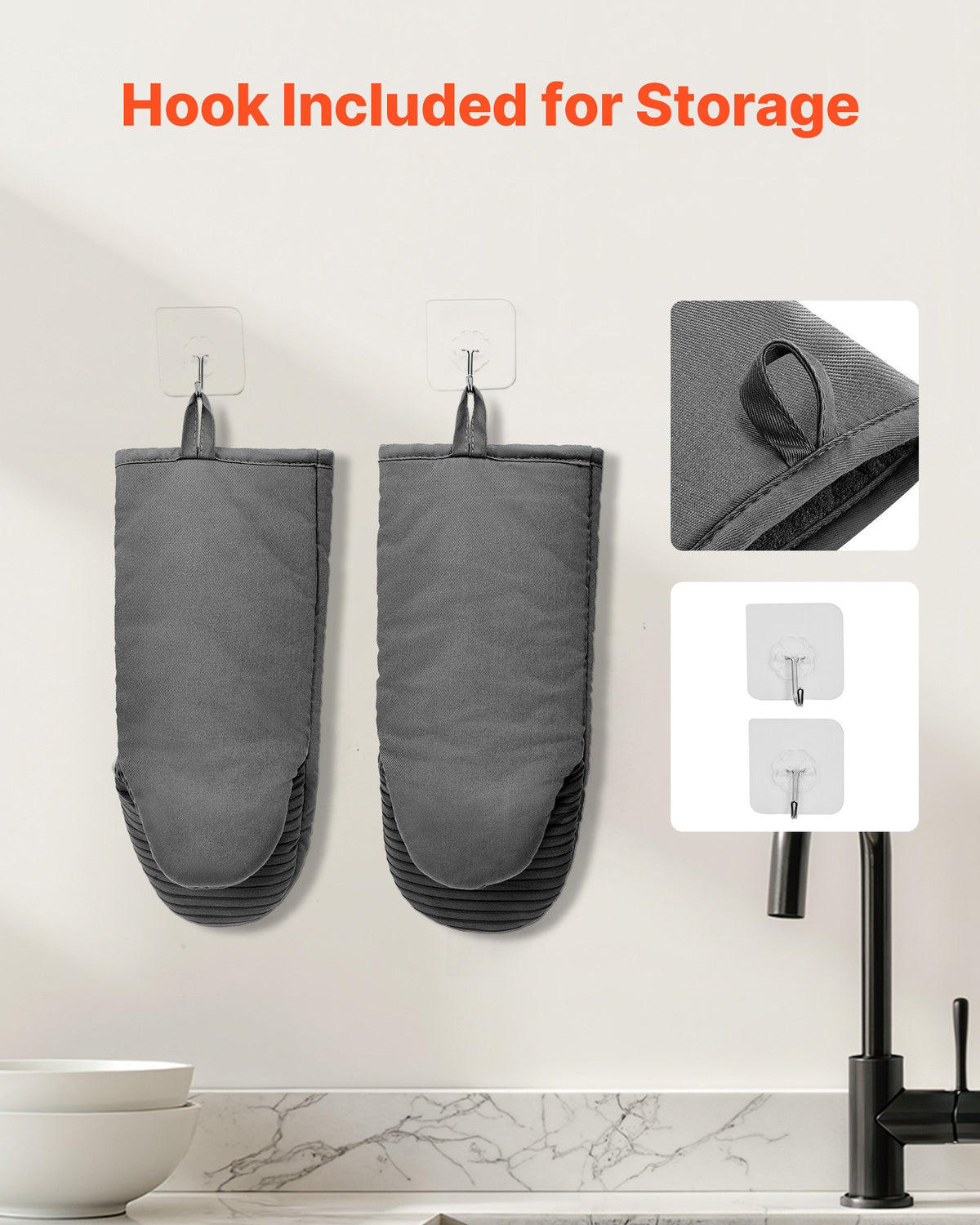 Oven Mitts, Mini Oven Mitt Set with Non-Slip Silicone Strips, High Heat Resistant to 500℉, Lightweight Cotton Baking Mitts 13.07 X 6.1 Inch with 2 No-Marks Hooks for Home, Kitchen, 2 Piece