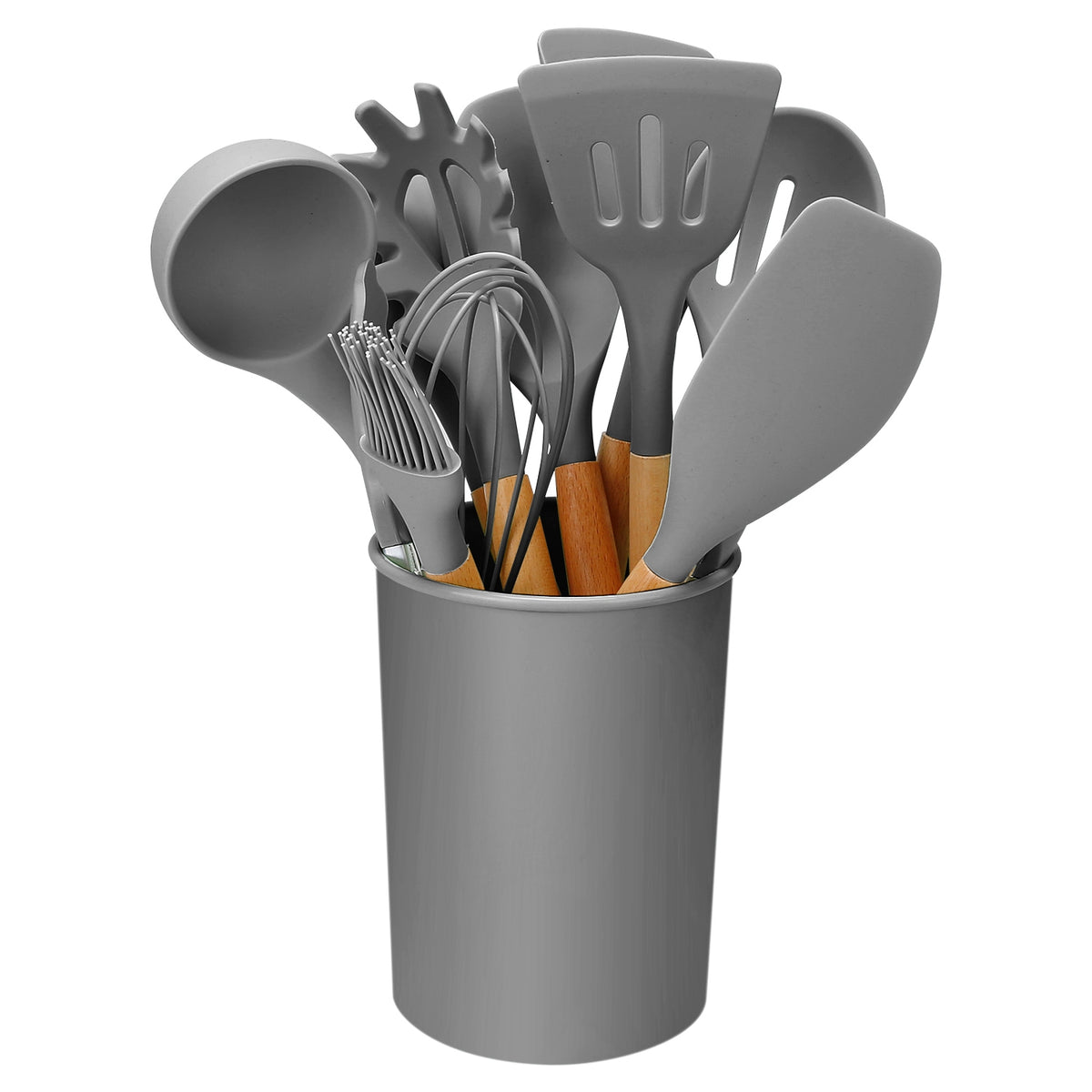 2 Color Options -- Set of 11Pcs Silicone Cooking Utensil Set for Food Preparation Heat Resist Wooden Handle Silicone Spatula Turner Ladle Spaghetti Server Tongs Spoon Egg Kitchenware Set with Holder