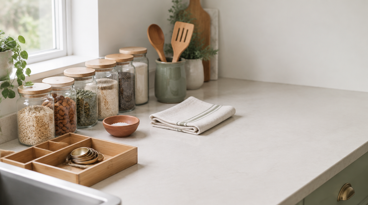 Tidy Nook kitchen counter with pantry jars and utensils